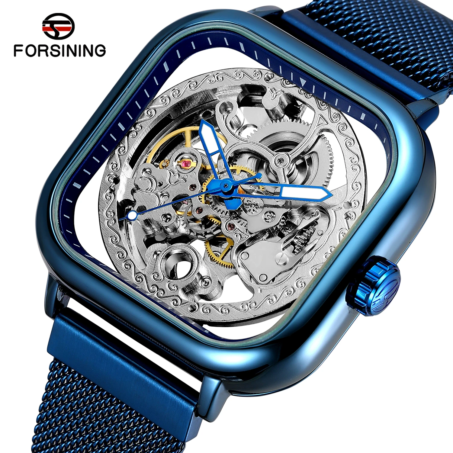 FORSINING Square Case Engraved Men Watches Skeleton Luminous Hands Hollow Carving Mesh Steel Band Man Automatic Mechanical Clock