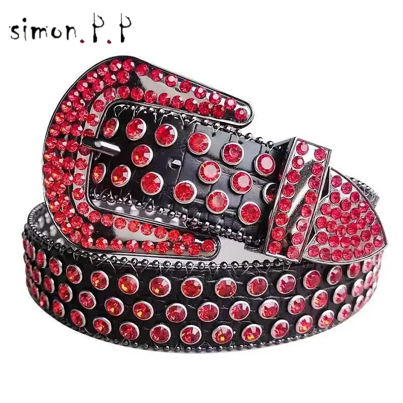 Belts Needle buckle western belt BB Simon diamond belt Womens fashion bead decoration belt Punk jeans Q240401