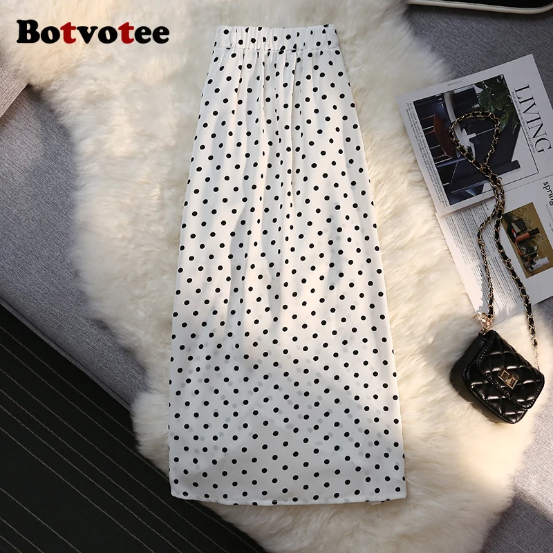 Botvotee Sexy Vintage Pokal Dot Print Trumpet Midi Skirt for Women Back Elastic Band Side Split Ruffles Long Black Skirt