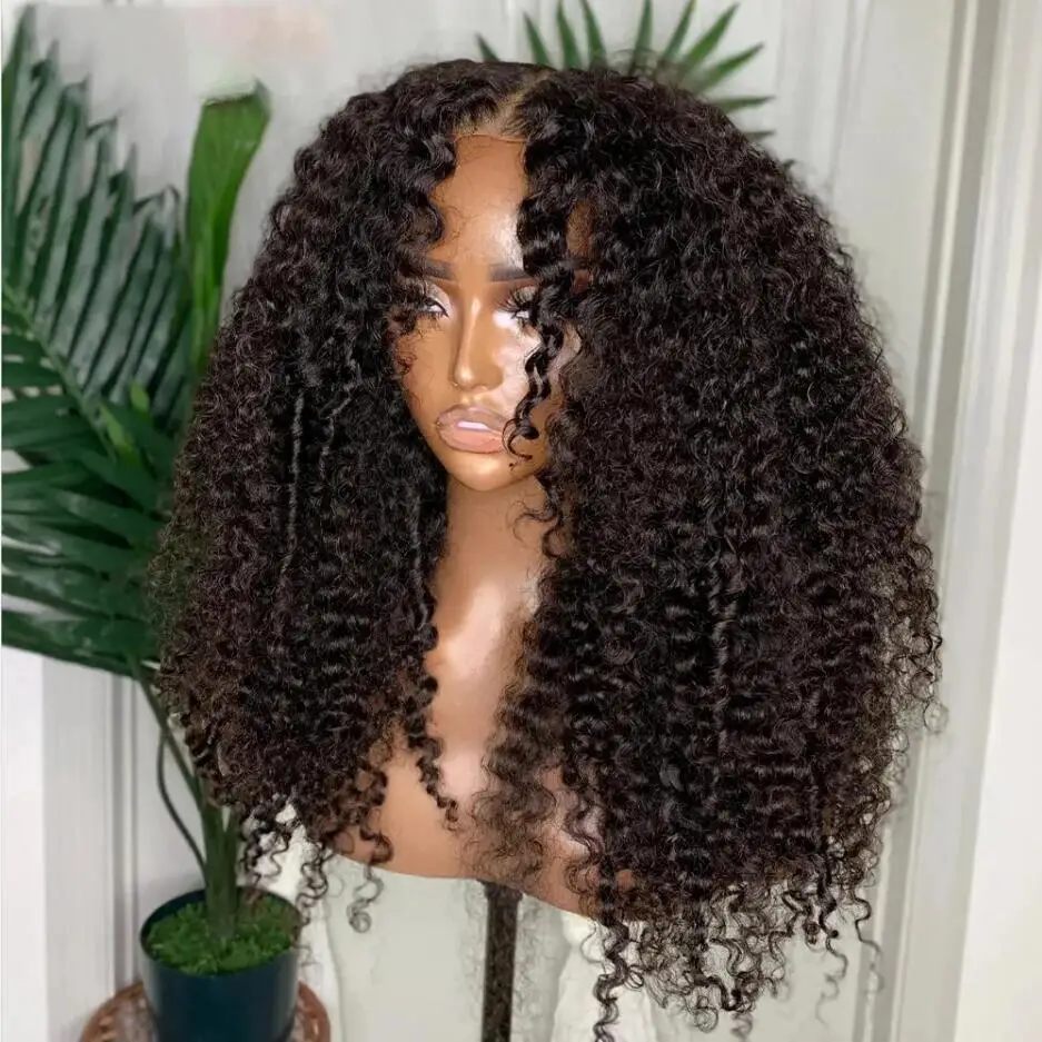 Peluca frontal de encaje rizado largo para mujer, pelo de bebé predespuntado, resistente al calor, sin pegamento, 26 ", negro Natural, suave, 180de densidad