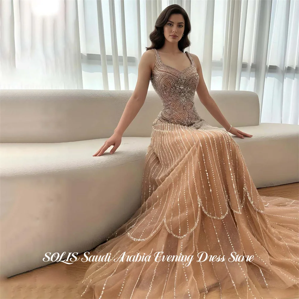 SOLIS Champagne Prom Dresses Spaghetti Strap Gala Dresses Sleeveless Saudi Arabic Glitter Sequin Evening Party Gown Customized