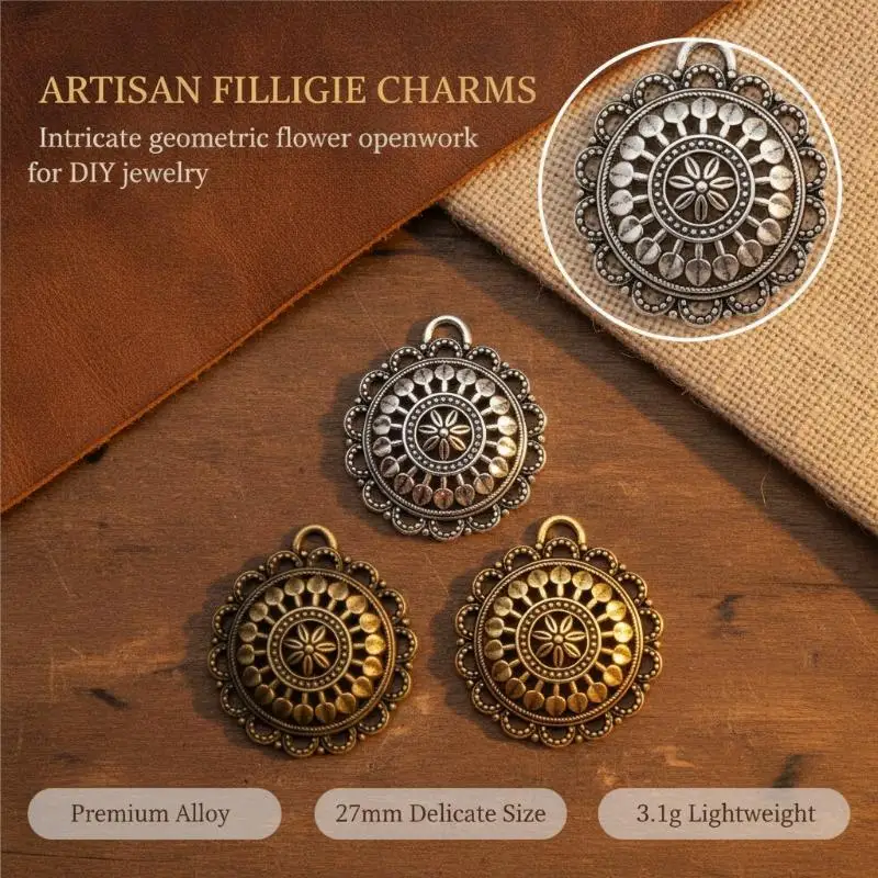 Vintage Hollow Floral Metal Pendants Oxidation-Resistant Alloy Round Charms for DIY Earring Necklace Jewelry Making Hobbyists