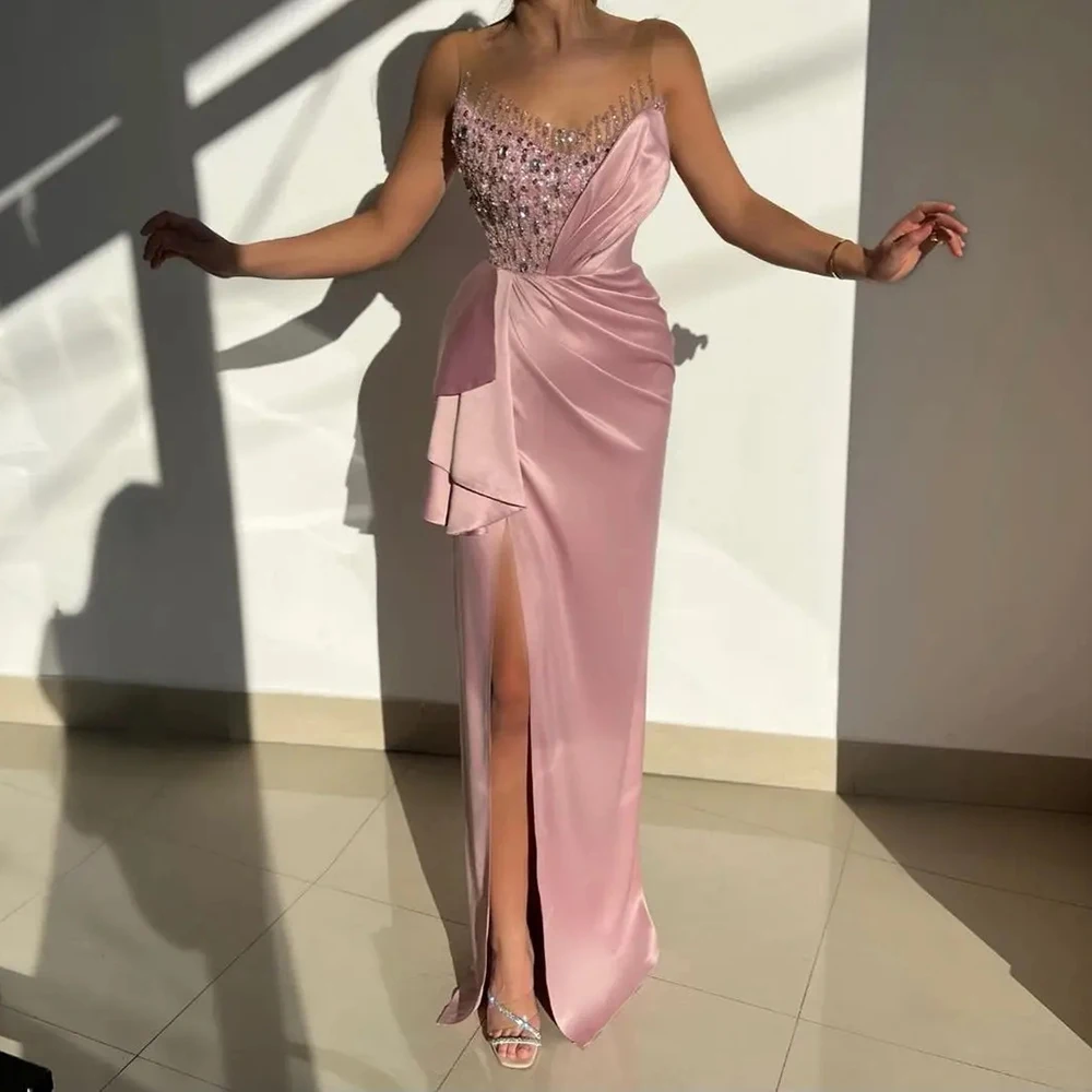 

Simple Exquisite elegant Crew neck Evening Dress Straight Pink Strapless Party gown Pleat Beading Sequined Sexy high-Slit Gowns