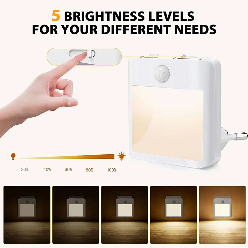 Imagem -04 - Sensor de Movimento Led Night Light ue Plug in 220v Escurecimento Dormir Luzes para Casa Quarto Corredor Iluminação Escada Lâmpada Cabeceira