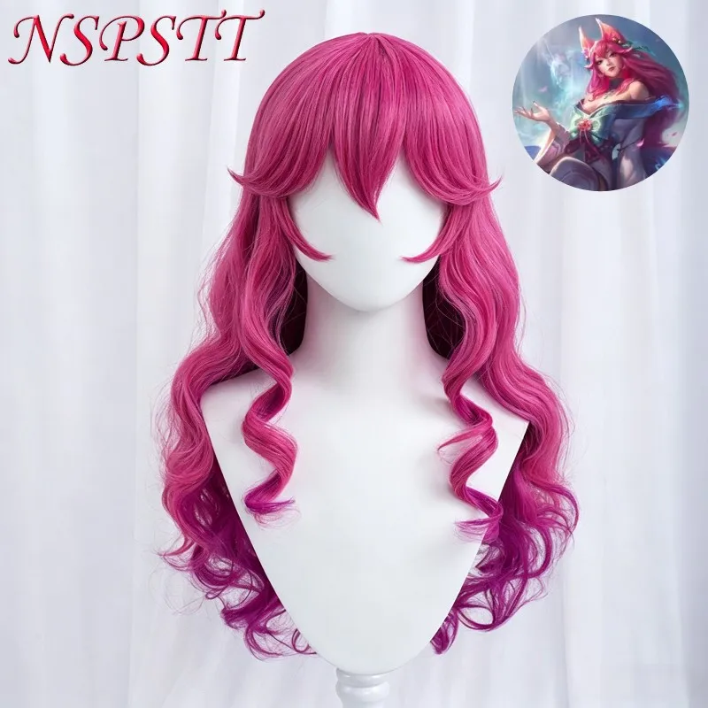 NSPSTT LOL Spirit Blossom Ahri Cosplay Wig Nine-Tailed Fox Long Pink Gradient Hair Heat Resistant Synthetic Wigs For Women