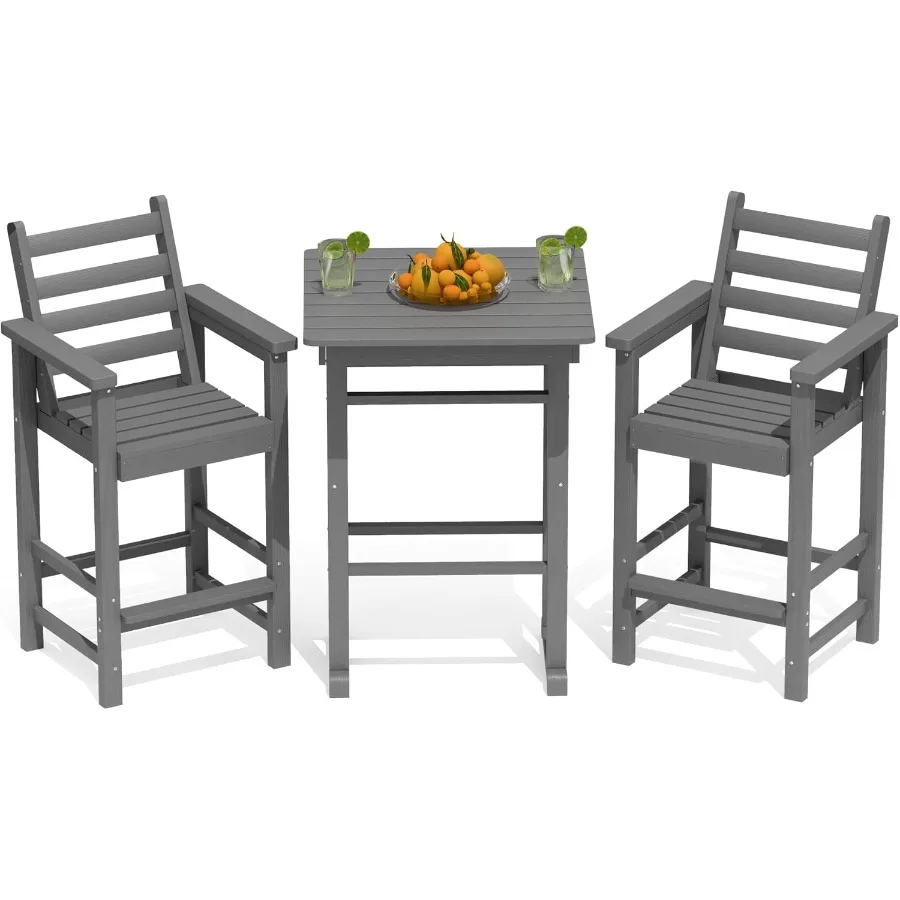 Balcony Adirondack Chairs and Table 3 Pieces Set, Adirondack Bar Height Chairs Set of 2 with Matching Bar Table, HDPE Outdoor B
