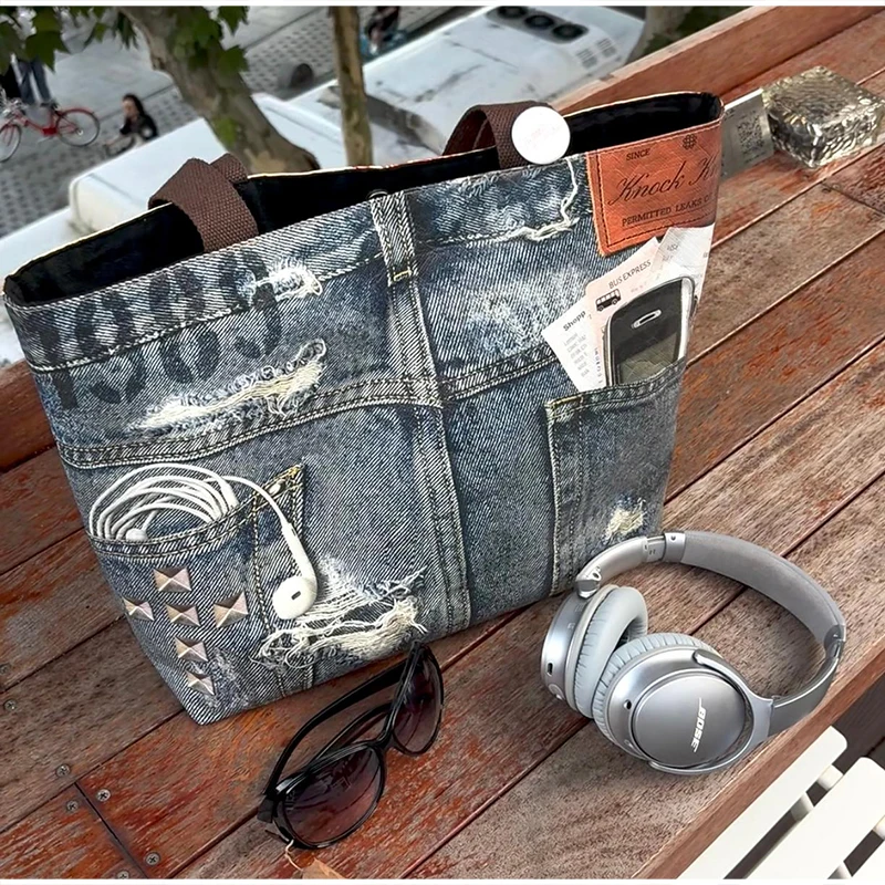 Reversible PVC-Schultertasche mit beidseitigem Druck, Retro-Denim-Print, wasserdichte Einkaufstasche mit großer Kapazität, leichte Einkaufstasche – Detail 8