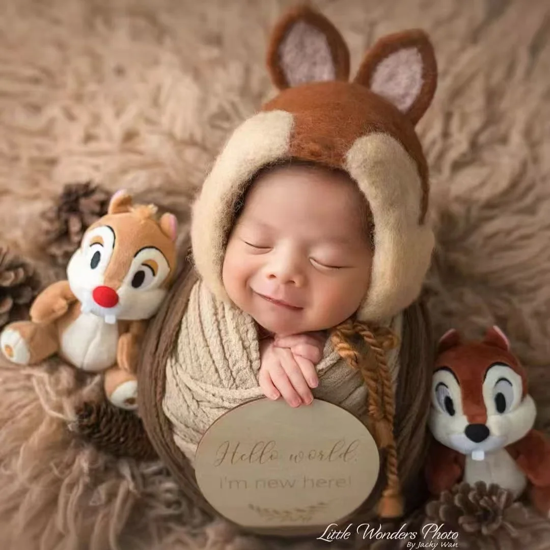 ❤️Newborn Photography Props Accessories Cute Squirrel Hat+Doll 3Pcs/set Studio Baby Photo Accessory Shoot Cap Toy Fotografia