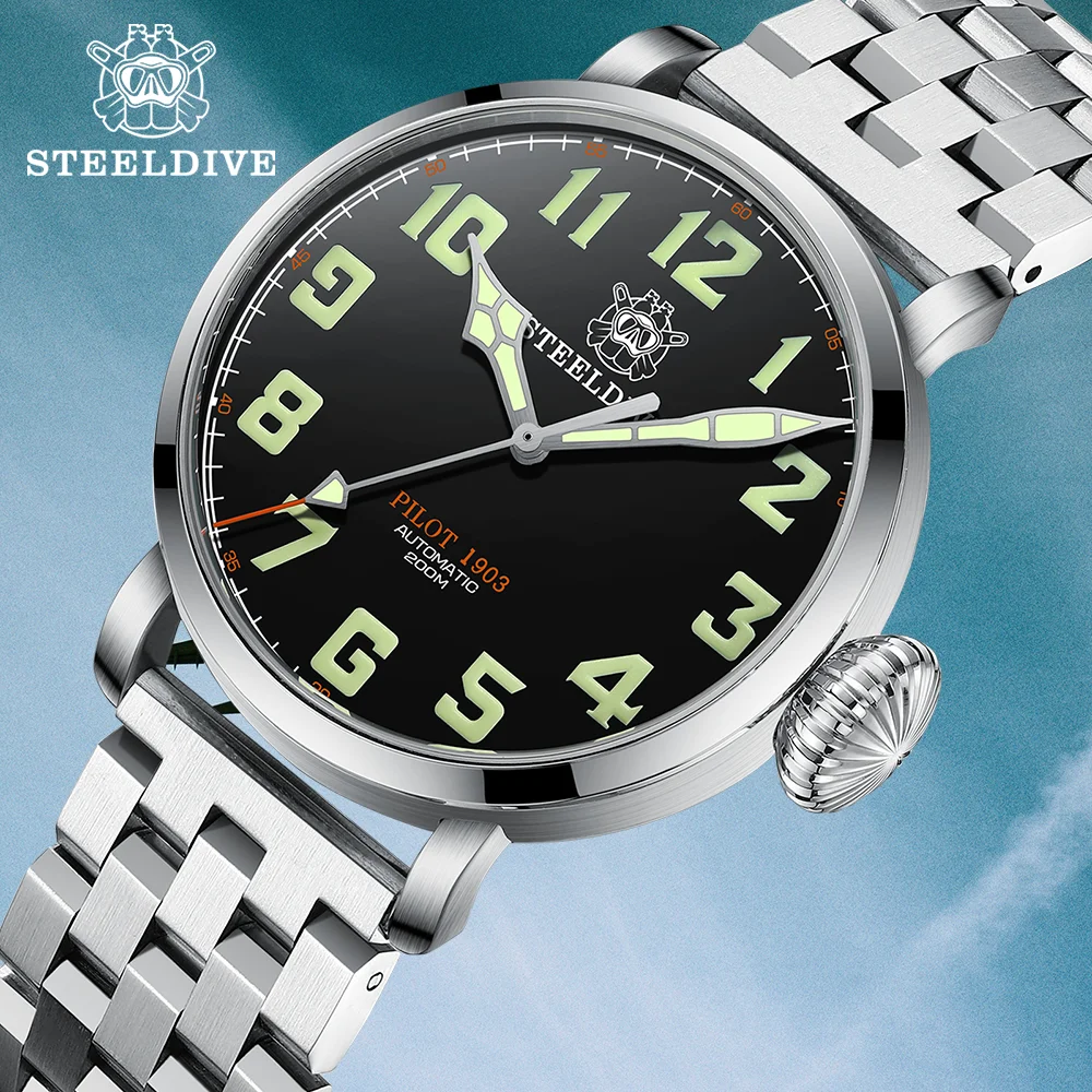 STEELDIVE Dive Watch SD1903 Stainless Steel Pilot 20Bar Waterproof Mechanical Watch Big Dial Swiss C3 Green Luminous Wristwatch