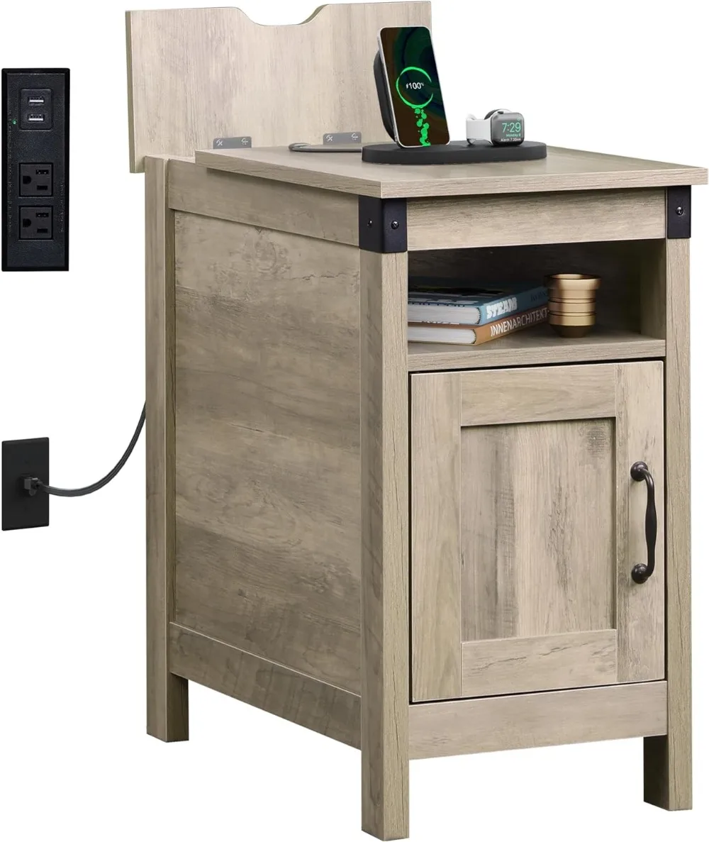 

WLIVE Farmhouse End Table with Charging Station, for Bedroom, Couch with USB Ports and Outlets, Nightstand with Storage, Greige