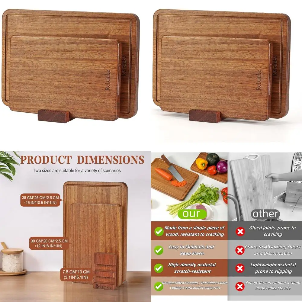 

Large Thick Solid Teak Wood Chopping Board with Deep Juice Grooves and Built-in Handles - 15x10.2IN & 11.8x7.9IN