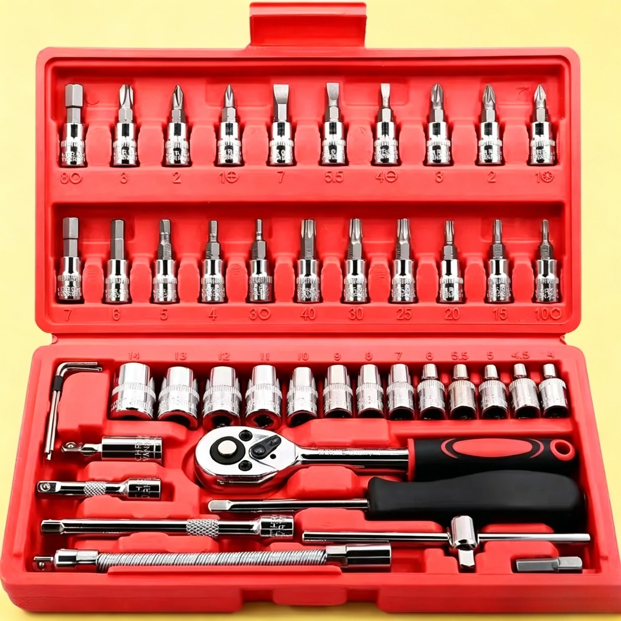Kit de Reparo Automotivo de 46 Peças: Chave Catraca e Caixa de Ferramentas Combinada para Manutenção Veicular e Uso Doméstico/Fábrica – Ferramentas em Promoção
