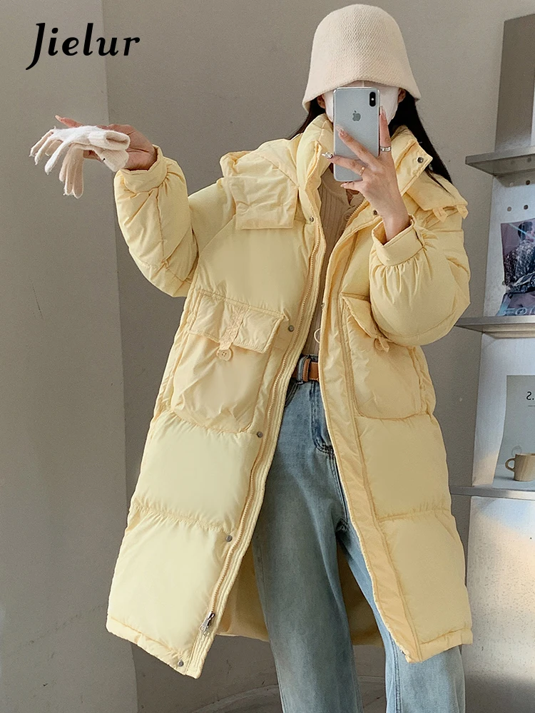 Jielur Yellow Hooded Thick Warm Female Parkas Basic Loose Casual Chic Pocket Slim Fashion Pure Color Women Parkas Long Down Coat