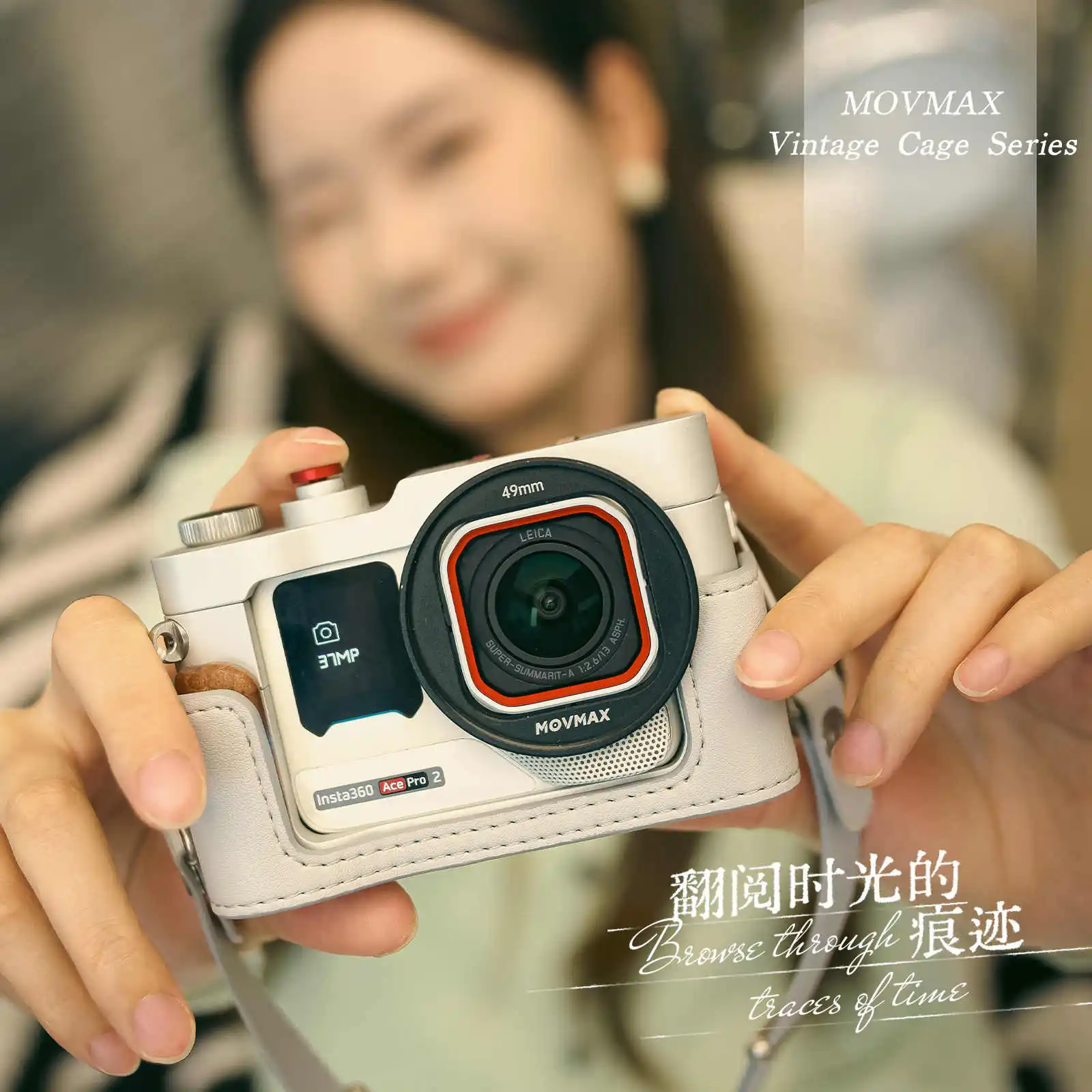 Movmax Vintage Camera Cage Leather and Metal Cover with Shoulder Strap for Insta 360 Ace Pro 2 / DJI Osmo Action 6 5 Pro 3/4