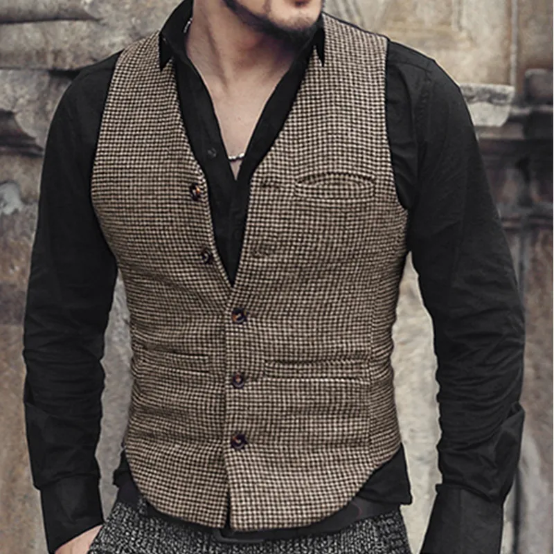 Gilet da uomo con scollo a V monopetto pied de poule formale Casual Slim Fit gilet per giacca Groomman per matrimonio