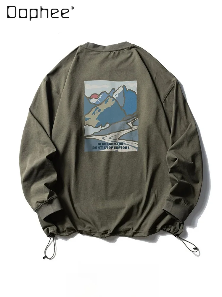 Men's Outdoor Sports Quick-drying Peak Printing Purple Green Round Neck Long Sleeves T-shirt Hiking Casual Khaki Orange Tops