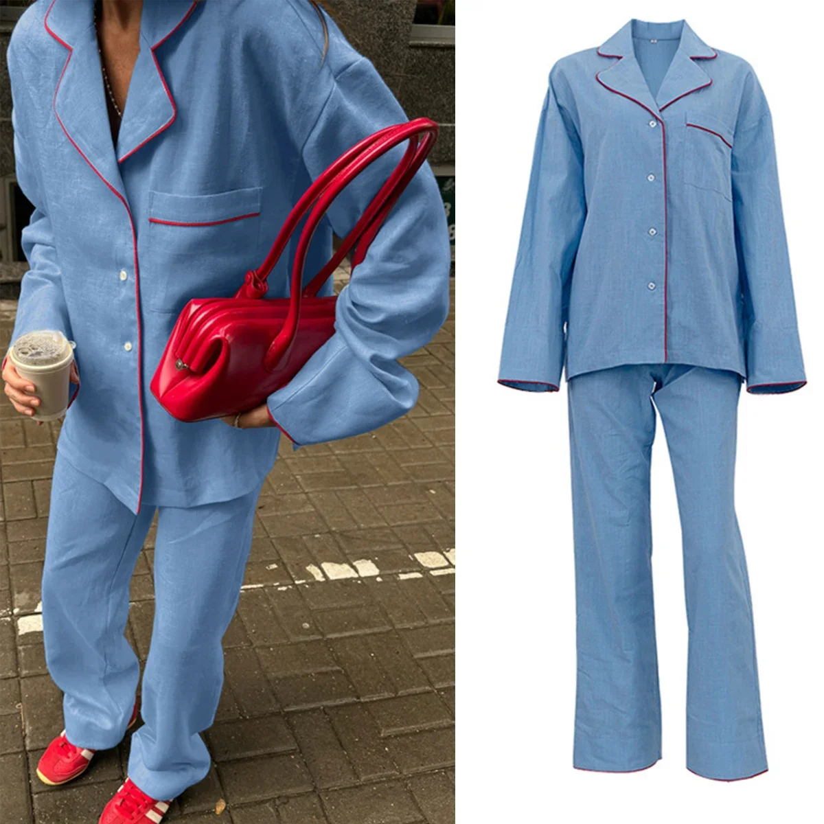 

Модный свободный синий хлопковый женский комплект из двух предметов, элегантная рубашка с длинным рукавом 2025 года и широкие брюки с высокой талией, женский комплект