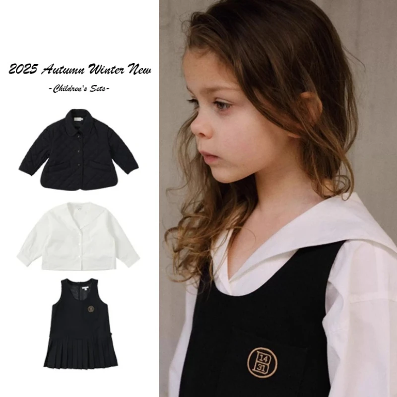 

2025 Autumn Thick Cotton Jacket Solid Color Versatile Long Sleeve Shirt Cute Vest Dress Lightweight Loose Warm Children's Sets