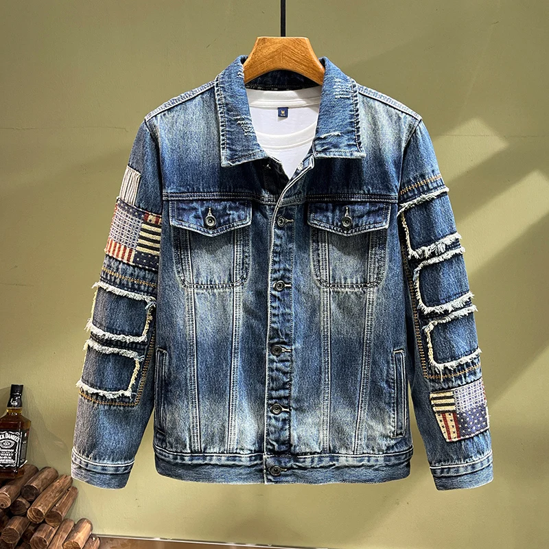 

Streetwear Fashion Men Jacket High Quality Retro Blue Patched Designer Ripped Denim Jacket Men Coats Hip Hop Chaquetas Hombre