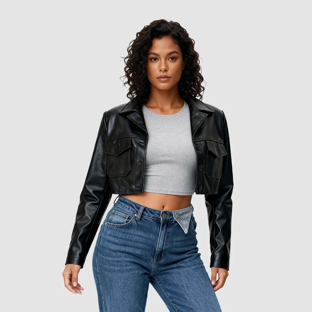 

Black short motorcycle contrasting leather jacket, women's patchwork zipper leather jacket, trendy women's winter jacket