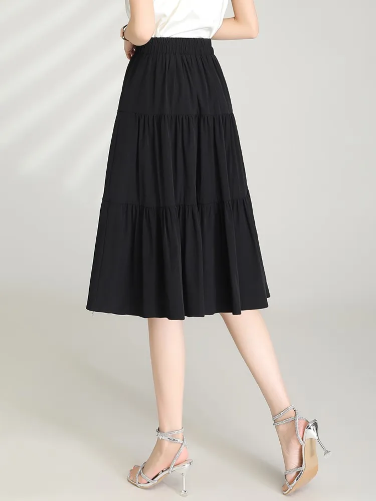 ZUZK Zomer Leuke A-lijn Rokken Nieuwe Vrouwen Elastische Taille Mid-Lengte Tiered Rok Cool Droop Rok Student Rok jupe leuke rok