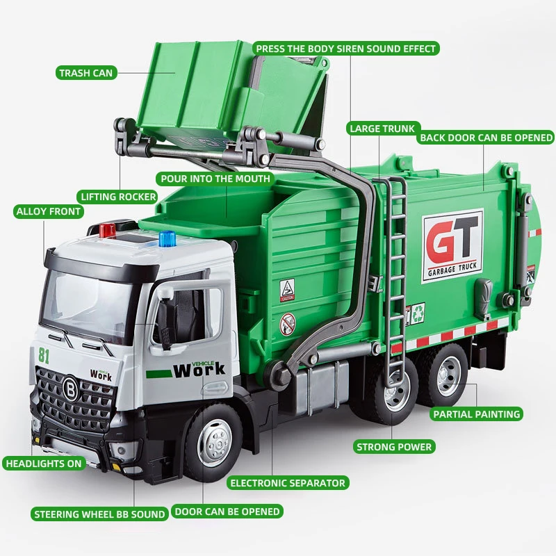 Large Sanitation Garbage Truck Transportation Classification Engineering Vehicle Alloy Metal Car Model Sound Light Children Toys