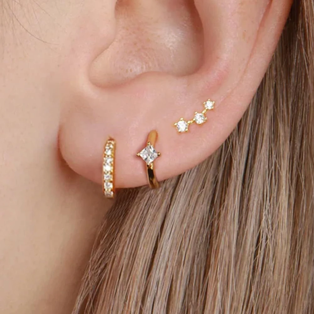 3pcs Sets Stainless Steel Square Zirconia Hoop Earrings For Women Daily Life Cartilage Stud Earrings Piercing Jewelry Gift