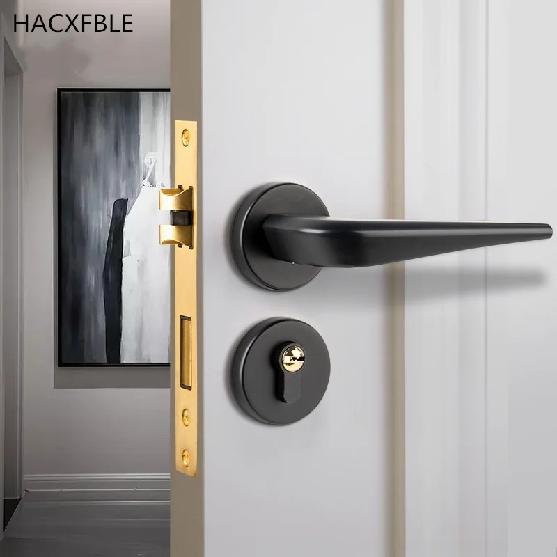 

Minimalist Interior Split Anti-theft Door Lock Zinc Alloy Door Handles Pair Lock Black Bedroom Security Mute Mechanical Lock