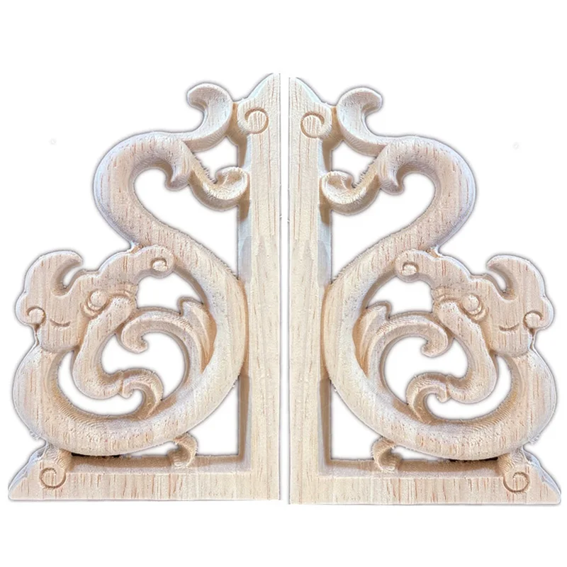 

2PCS 12cm Woodcarving Decal Wood Carved Wooden Crafts Corner Appliques Frame Wall Door Furniture Decorative