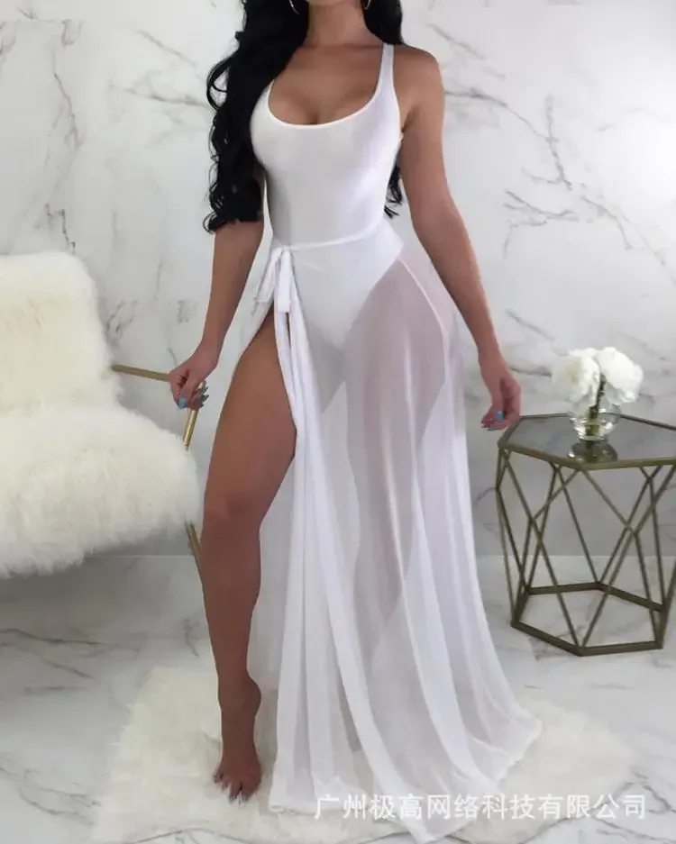 Costume intero con scollo a U con copertura in rete trasparente donna primavera estate costumi da bagno tinta unita costume da bagno