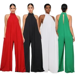 Women Sleeveless Halter Jumpsuit with Wide Leg Solid Color Backless Cool Summer Clothing