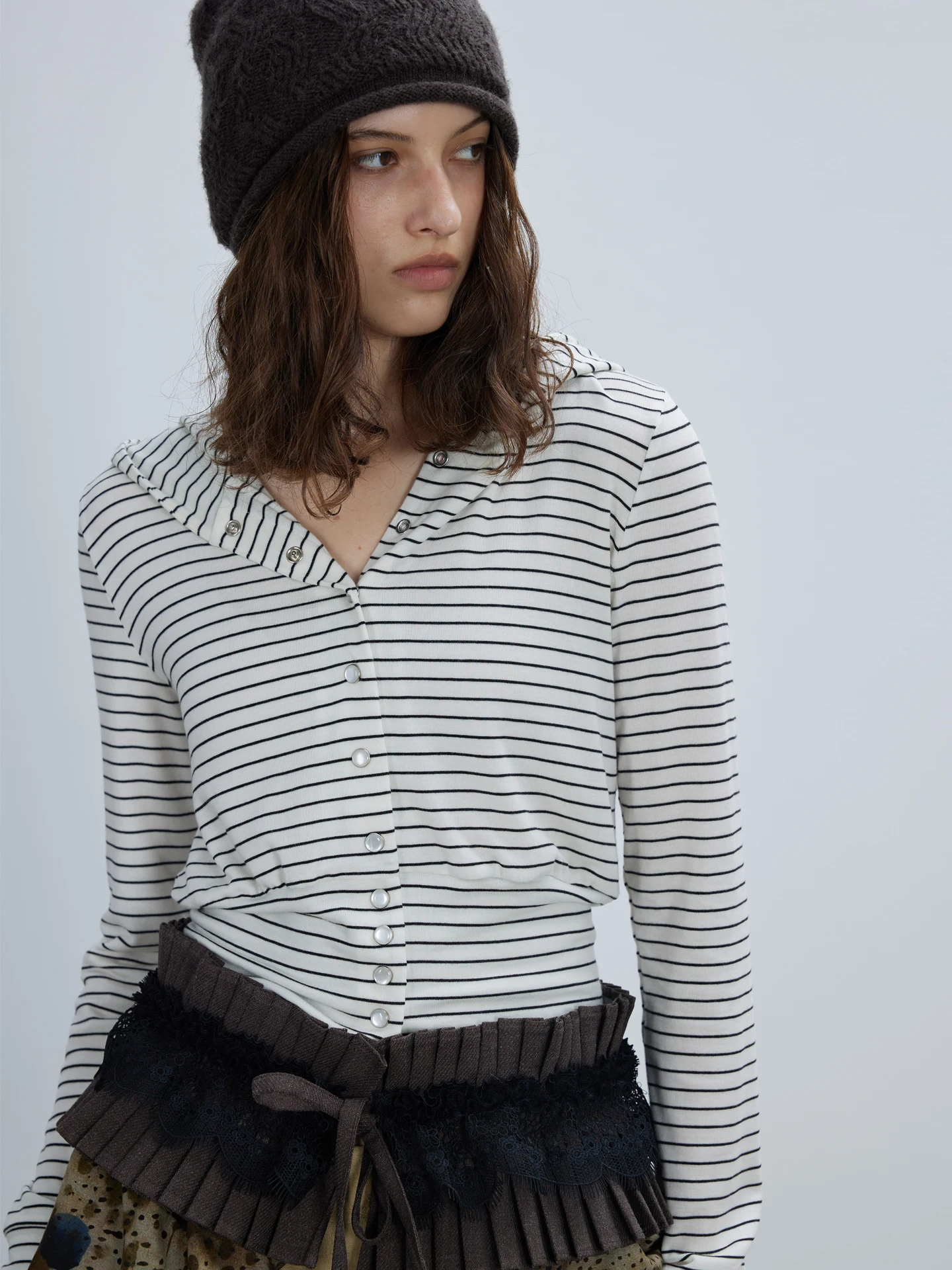 

Retro Striped Hooded Waist-Cinching Open Cardigan Knitted Jaet Women Lightweight ort Length V-Ne Button Closure Office ...