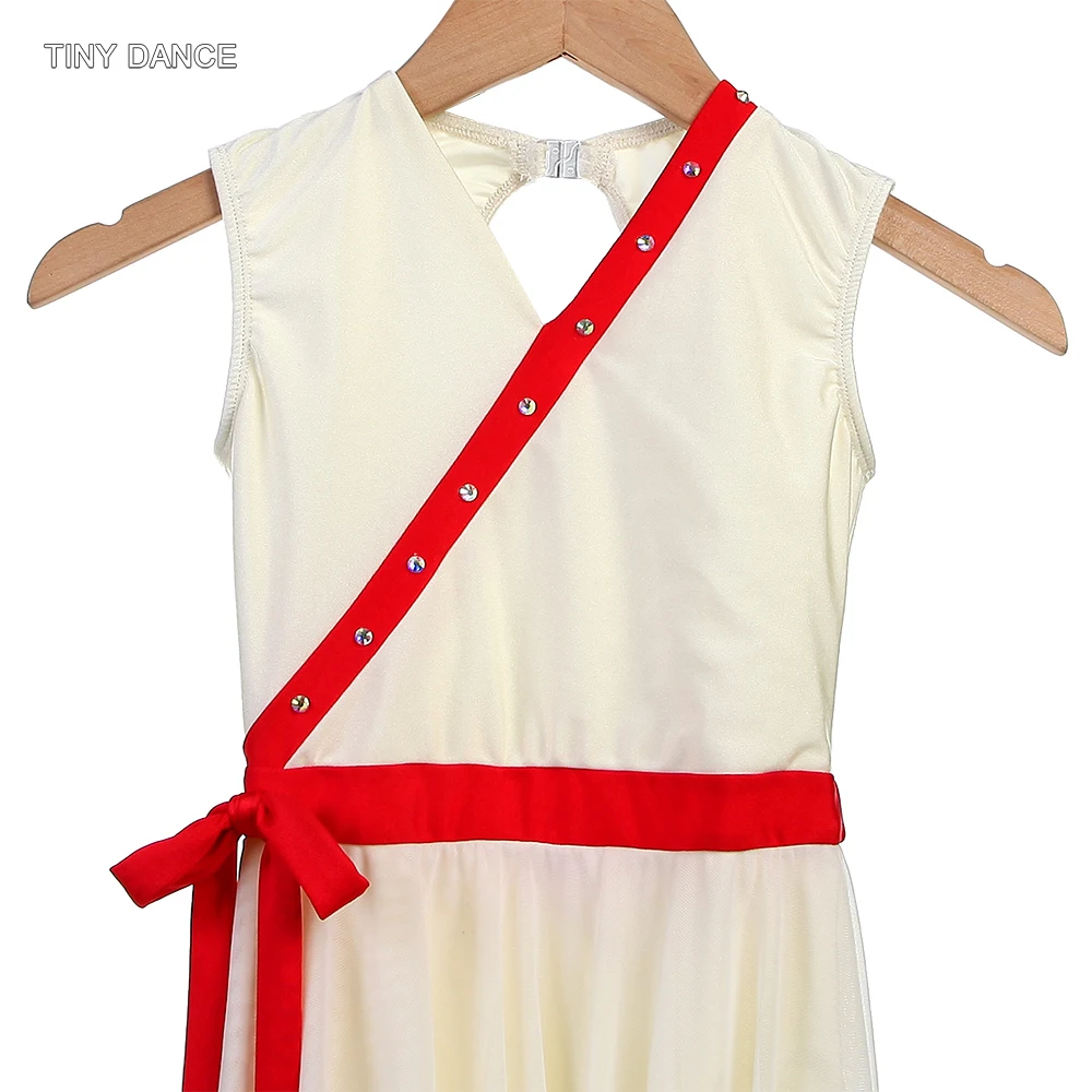 女の子用 アイボリー スパンデックス Vネック ボディース バレエドレス リリカル コンテンポラリー ダンス パフォーマンス コスチューム 25175