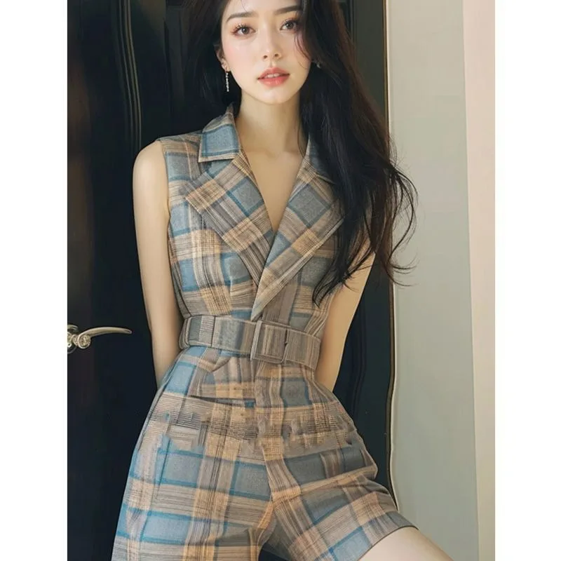 

High End Plaid Jumpsuit Women Summer New Korean Fashion Luxury Sleeveless Belted Slimming High Waist Womens Clothing