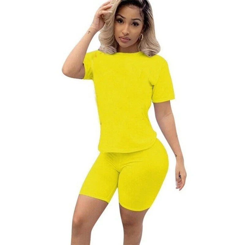 Women Solid Sporting Casual Two Piece Set Short Sleeve Tee Top Biker Shorts Above Knee Pants Suit Tracksuit Outfits