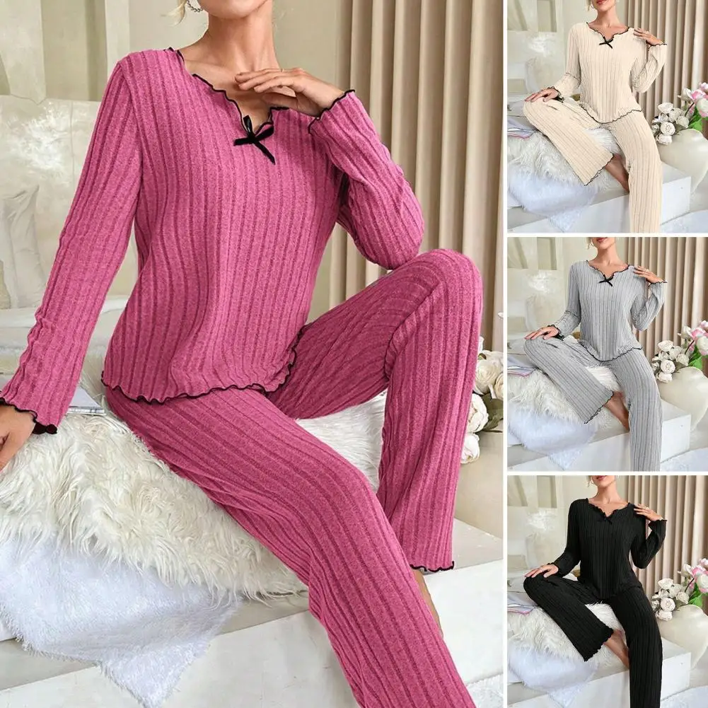 Herbst-Pyjama, elegantes Frühlings-Damen-Pyjama-Set mit V-Ausschnitt, Oberteil, elastische Taille, Hose, 2-teiliges Homewear-Outfit mit Schleife zum Entspannen