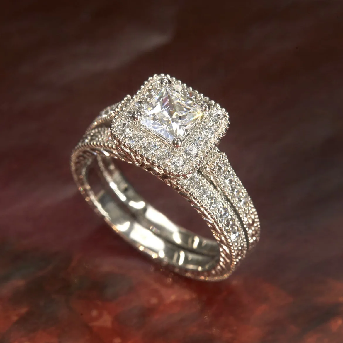 Square Halo Couple Rings Stackable Silver Tone Ins Style Wedding Engagement Promise Jewelry for Couples
