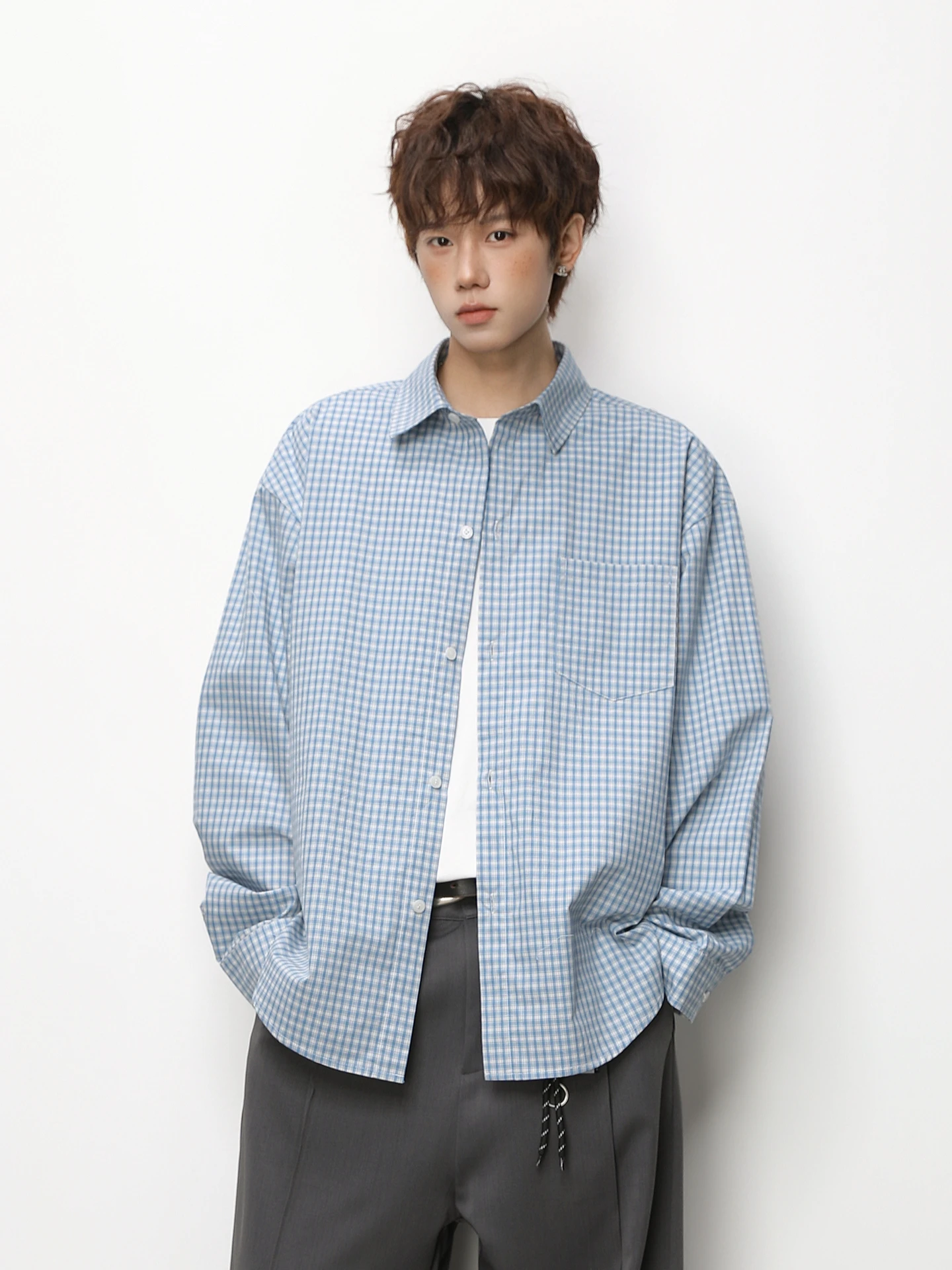 

Spring Plaid Long Sve Loose Casual irt Men's Sle Youth Trend Cotton Polyester Blend Wear Resistant Couples Outerwear