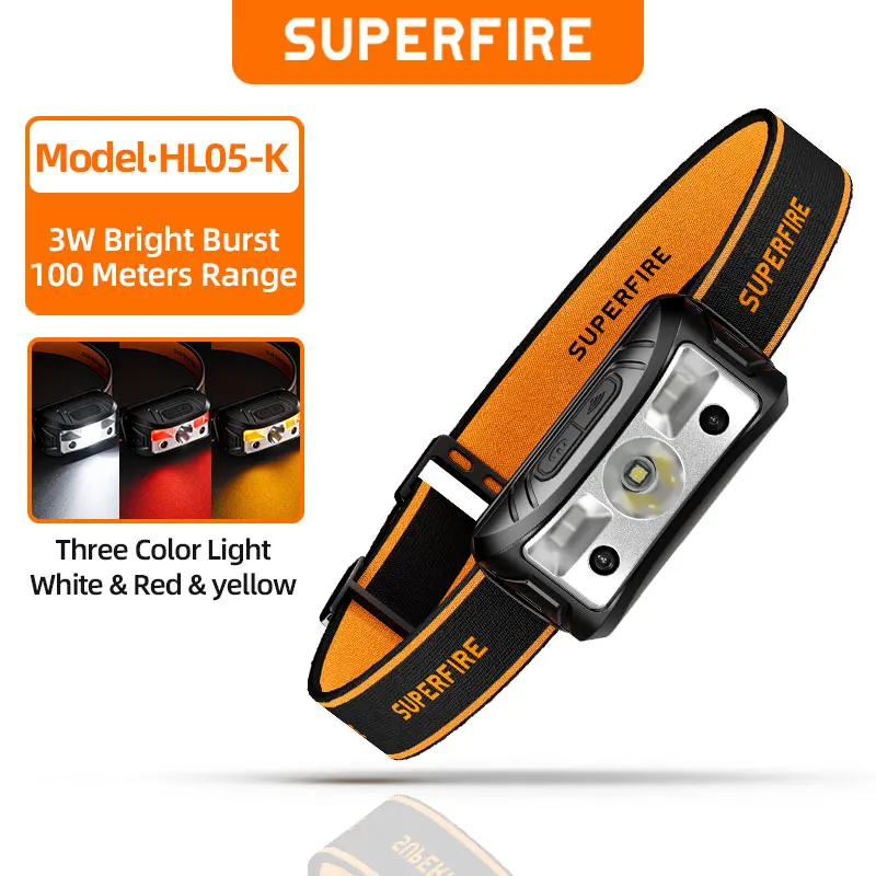 

SUPERFIRE HL05-K/M/N Induction LED Headlamp White/Yellow/Red Light Headlight USB-C Rechargeable Head Flashlight Camping Lantern