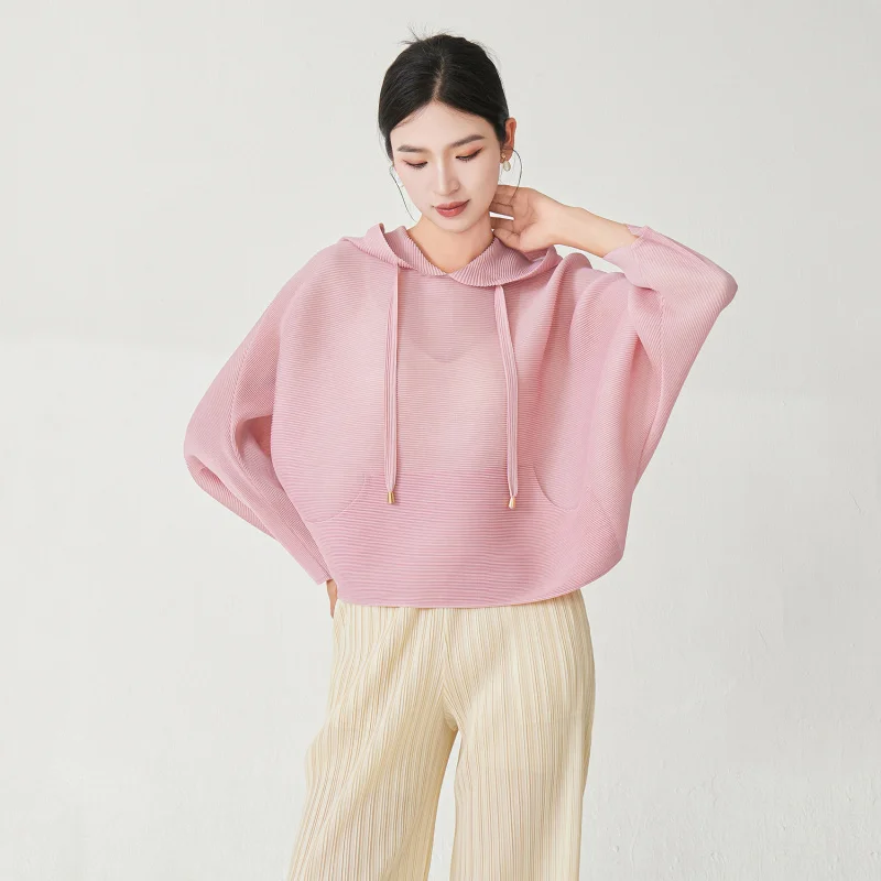 Miyake Pleated Sweatshirt Top for Women  Autumn New Loose Plus Size Casual Versatile Hooded Jacket [2574zsj-Z5088]
