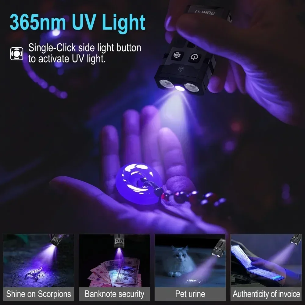 BORUiT EV20 1100LM EDC UV المفاتيح مصباح ليد جيب نوع C قابلة للشحن ضوء العمل الشعلة مع المغناطيس التخييم فانوس جيب