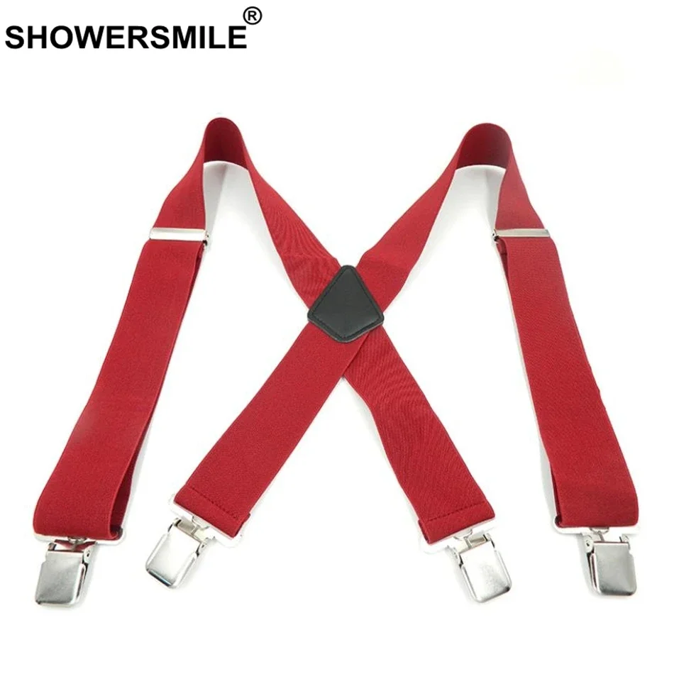 SHOWERSMILE Green Men Shirt Suspenders Wide 5cm Mens Braces 120cm 4 Clips Adjustable Leather Trousers Strap Gift For Boyfriend