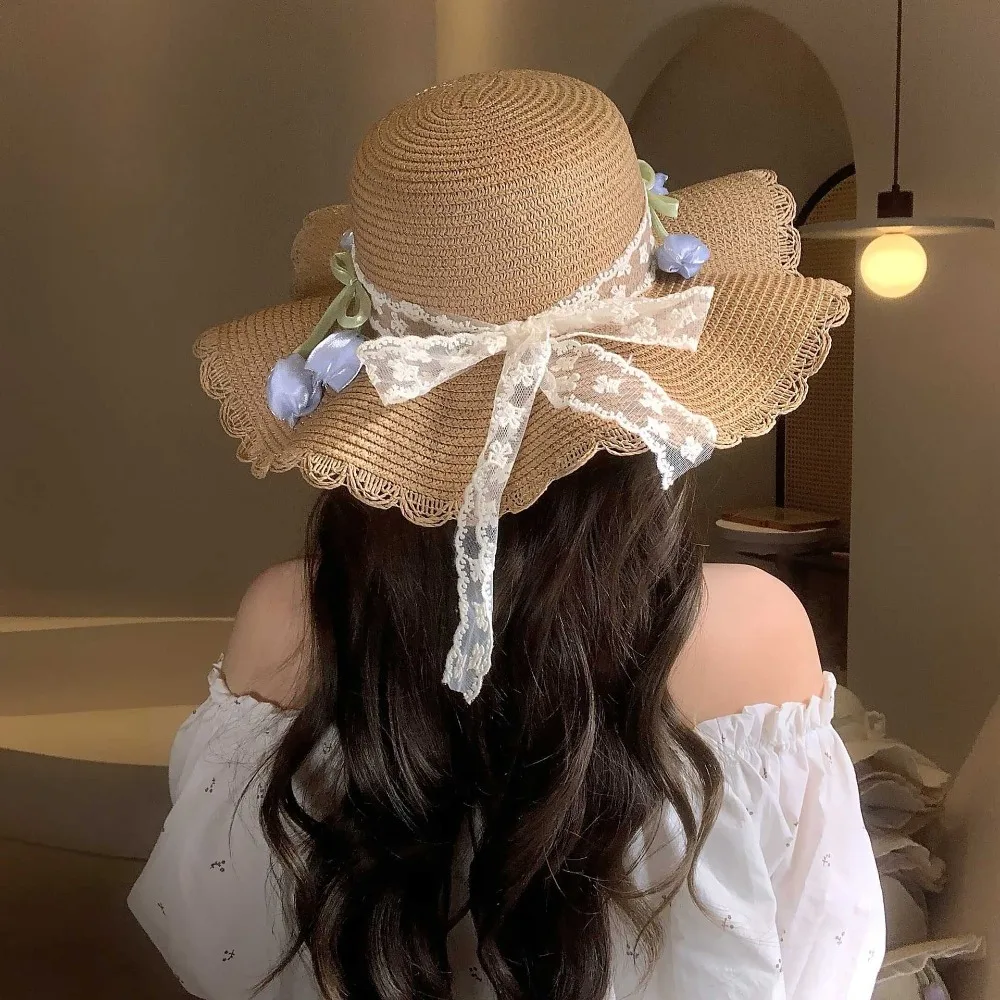 

Sunshade Sweet Lace Tulip Sun Hat Wide Brim Korean Style Straw Woven Hat Flat Top Elegant Bow Sunscreen Hat Travel