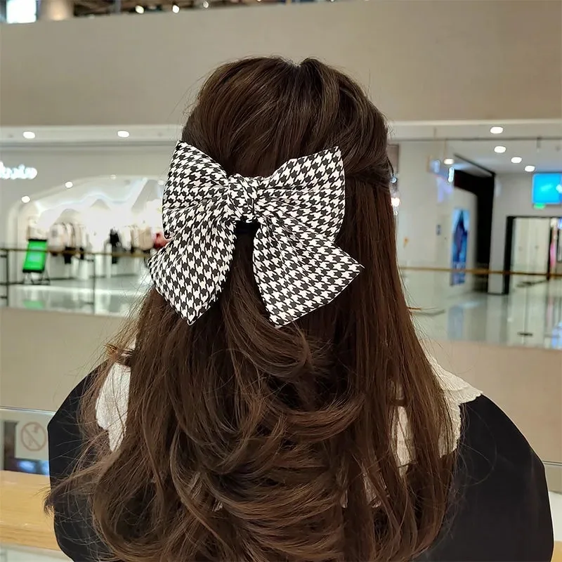 Thousand Bird Check Bow Back Head Spring Clip Small Fresh Cute Hair Clip Pastoral Hair Clip Women's Fabric Woven Hair Clip