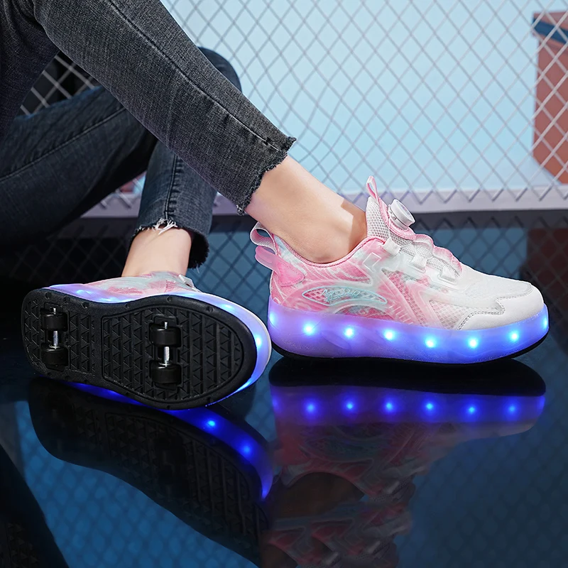 Fashion Children 4-Wheels USB Charging Sneakers LED Light Roller Skate Shoes Kids Gift for Boys Girls Sport Casual Shoes