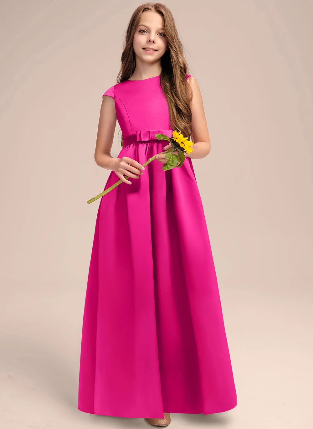 

A-line Scoop Floor-Length Satin Junior Bridesmaid Dress With Bow