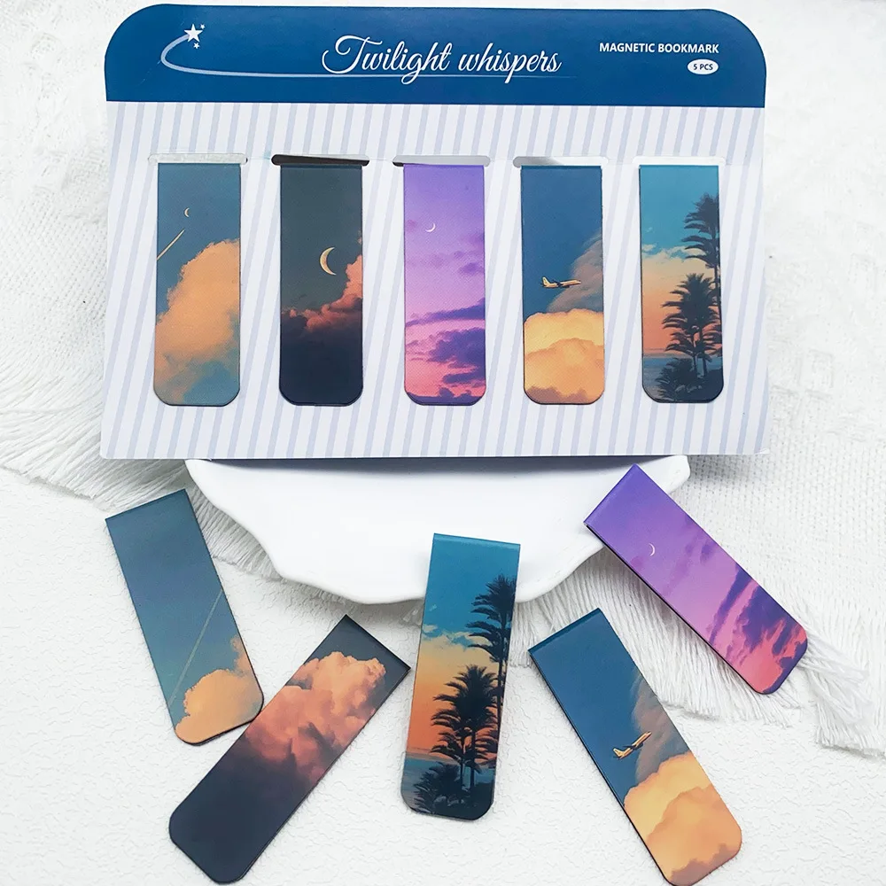 5pcs Twilight Whispers Magnetic Bookmarks Set for Books Sunset Sky Cloud Watercolor Magnet Page Clips Markers Reading Gift A3044