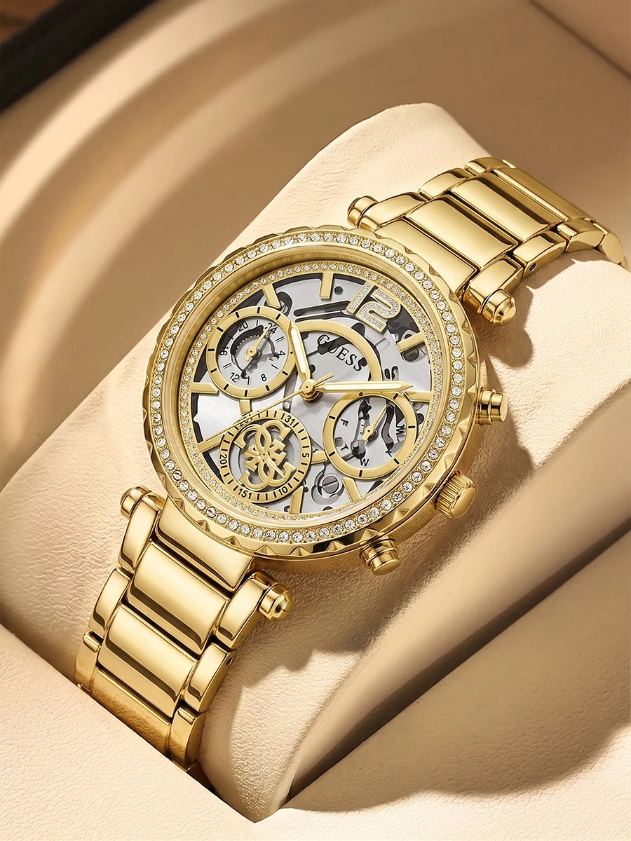 Reloj de Lujo GUESS GW0403L2 para Mujer, Reloj de Pulsera de Cuarzo con Esfera Hueca de Acero Dorado, Reloj Mujer
