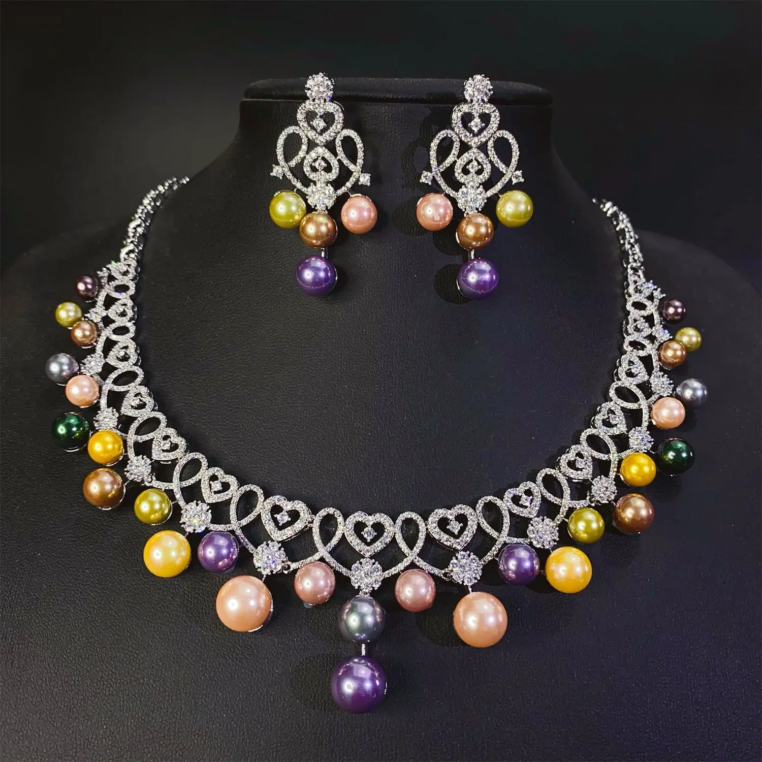 

New Romantic Love Heart Multicolor Pearl Necklace Earrings Women's Jewelry Suitable for Nigerian Wedding Holiday Gifts M-772