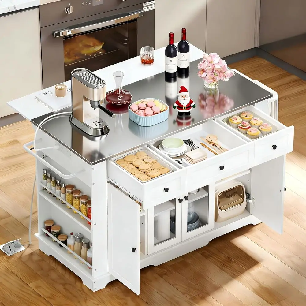 Isla de Cocina con Tablero Abatible, Superficie Móvil de Acero Inoxidable, Mesa de Isla con Ruedas y Enchufe, Estantes Ajustables, Especiero